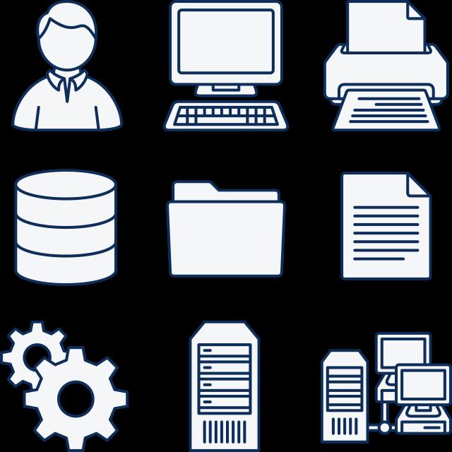 Ikoner föreställande en person, en dator, en printer, en hårdskiva, en mapp, ett dokument, kugghjul, en server och två datorer och en server
