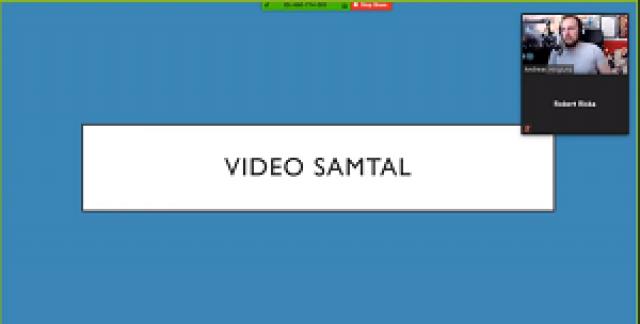 Skärmdump från Zoom-samtal, i mitten av skärmen syns rubriken på delad presentation med rubriken VIDEO SAMTAL, upp till höger små bilder med presentatör