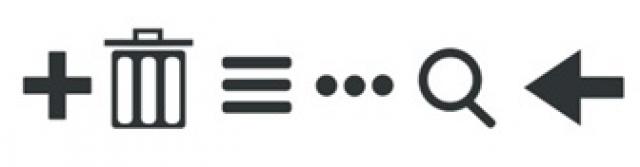 Symboler eller ikoner som används på smarttelefoner, ett plus, skräpkorg, tre streck för meny, tre punkter, ett förstoringsglas och en pil mot vänster