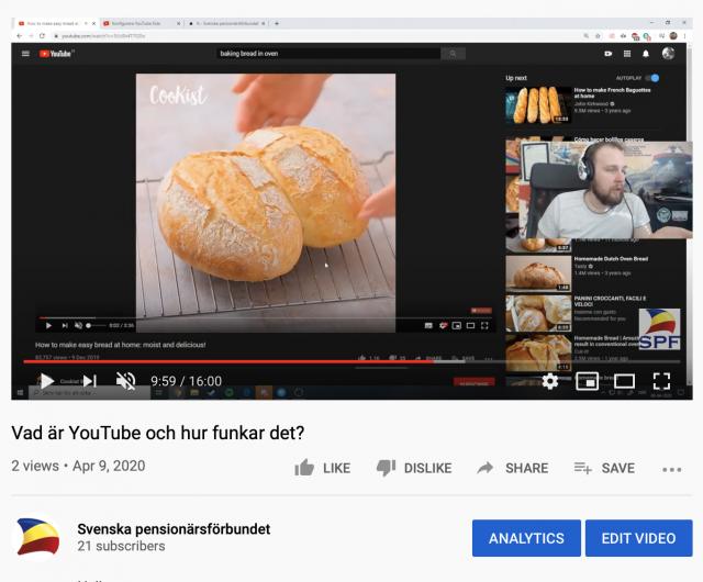 Skärmdump av Youtube-video om brödbakning, med en bild av ett mustigt bröd