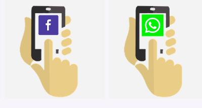 Till vänster en hand som pekar på Facebooks logo på en smarttelefon, till höger motsvarande pekning på Whatsapp logo