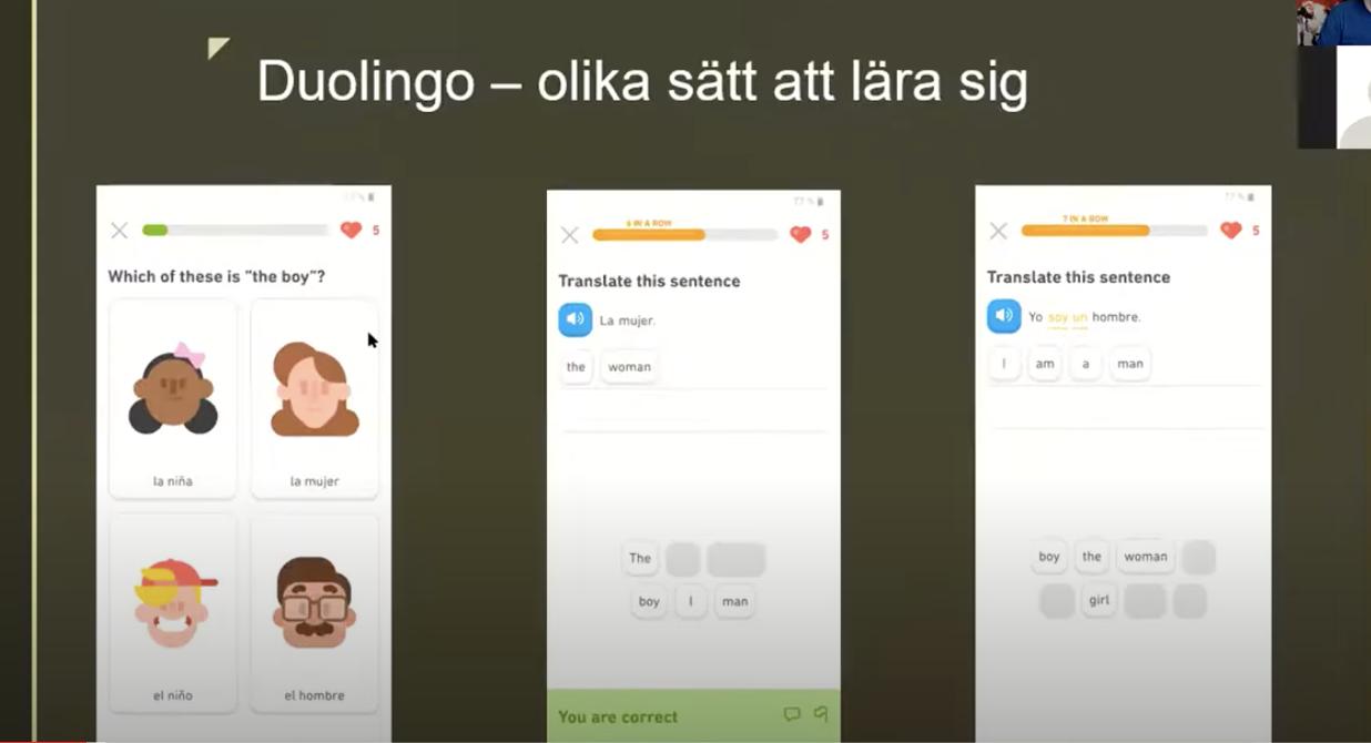 Skärmdump från presentation med rubriken Duolingo - olika sätt att lära sig