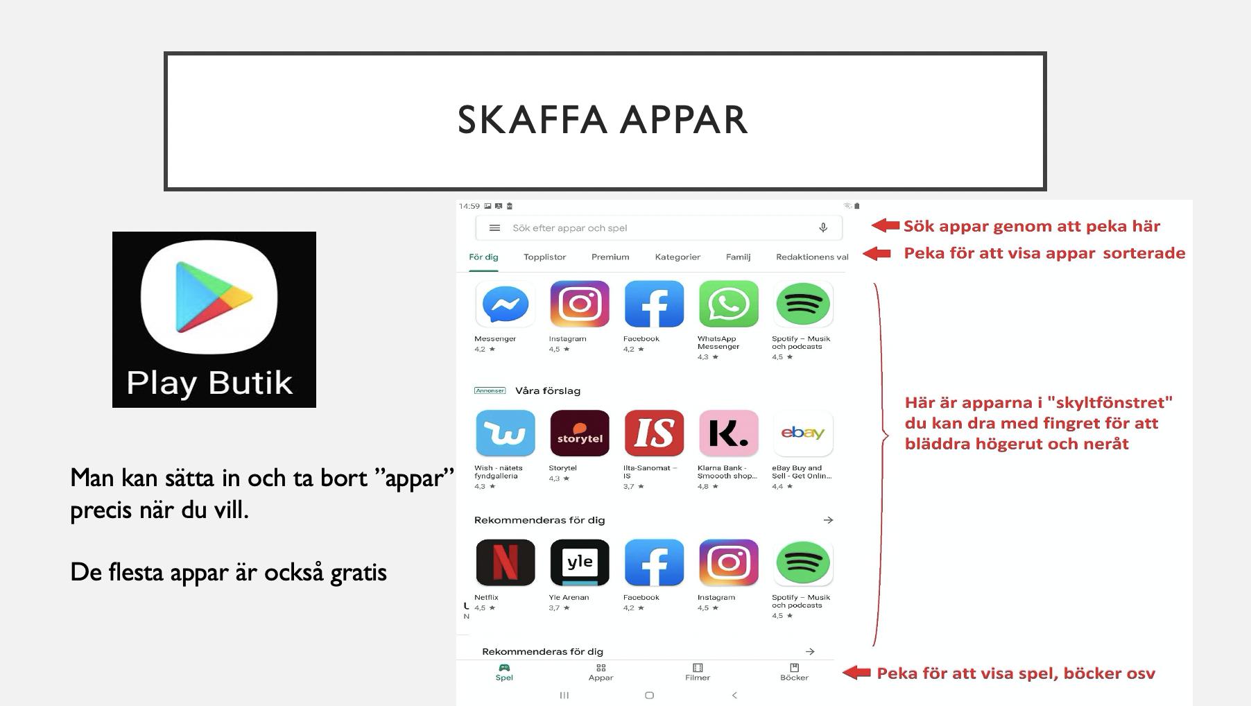 Skärmdump av presentationen från mötet, rubriken SKAFFA APPAR.
