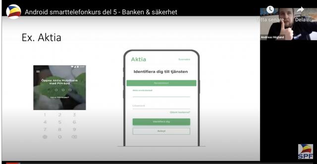 Skärmdump av Aktias presentation, bild av Aktia appen på en smarttelefon.