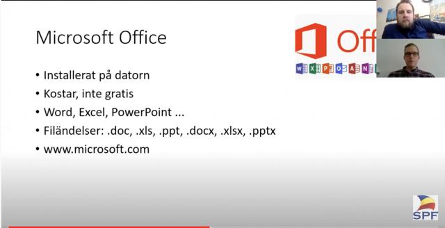 Skärmdump av PowerPoint-presentaionen från mötet med texten Microsoft-office och beskrivning av det programpaketet.