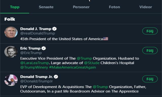 Skärmdump av twitter öppnad på datornskärmen, Trumps profilbild synlig.