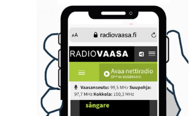 en hand håller en smarttelefon med radio Vaasa på skärmen