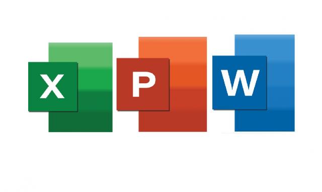Tre logon som föreställer Excel, Power Point och Word programmet.